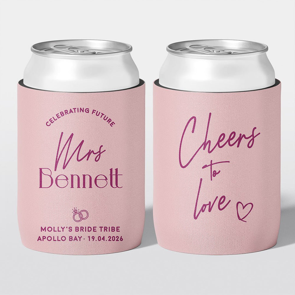 Personalised hens party stubby holder, Champagne Club design, custom can cooler, The Cheers Co Australia, blush pink, red