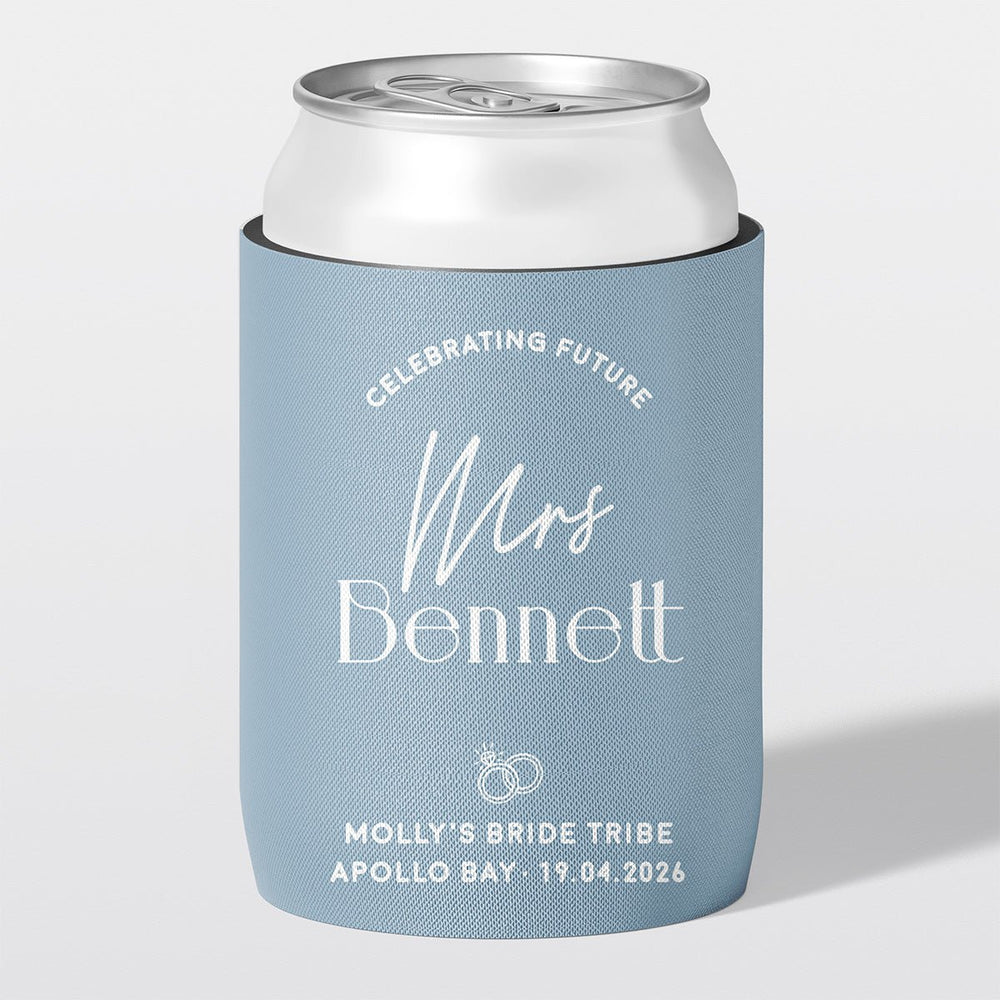Personalised hens party stubby holder, Champagne Club design, custom can cooler, The Cheers Co Australia, powder blue