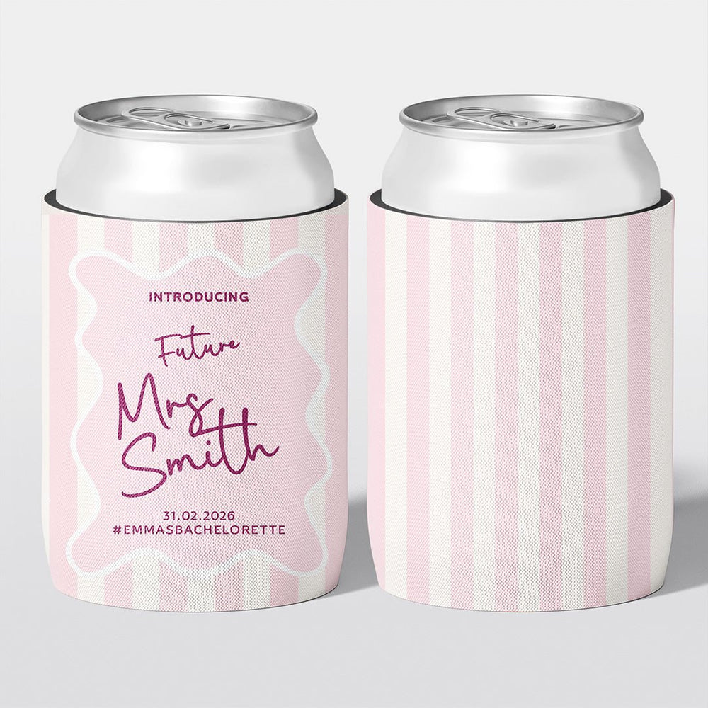 Personalised hens party stubby holder, Classic Stripe design, custom can cooler, The Cheers Co Australia, bachelorette