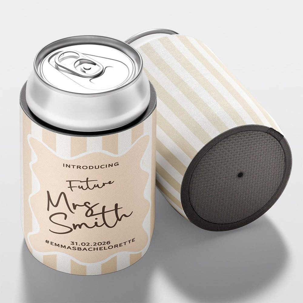 Personalised hens party stubby holder, Classic Stripe design, custom can cooler, The Cheers Co Australia, bachelorette