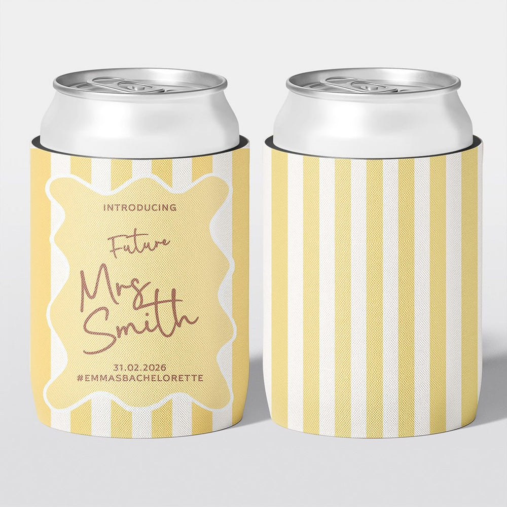 Personalised hens party stubby holder, Classic Stripe design, custom can cooler, The Cheers Co Australia, bachelorette