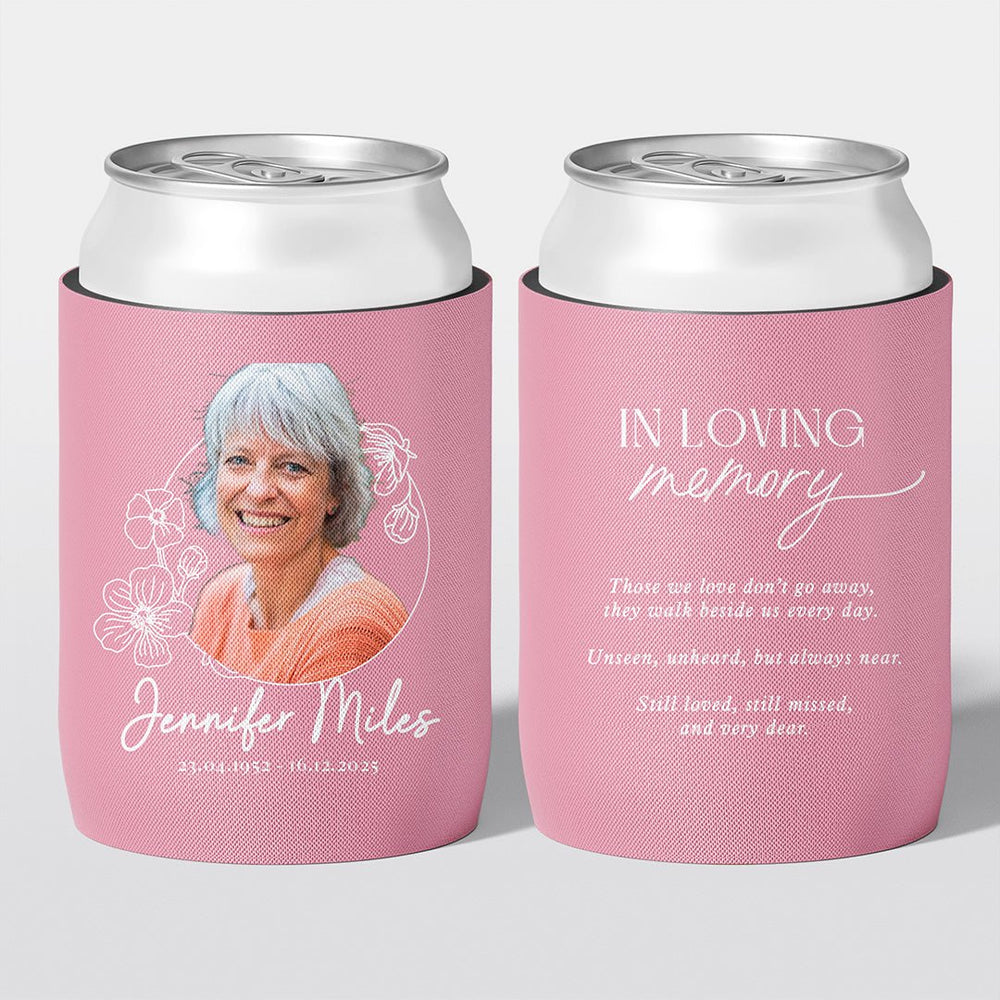 Personalised funeral stubby holder, Floral Frame design, memorial can cooler, The Cheers Co Australia