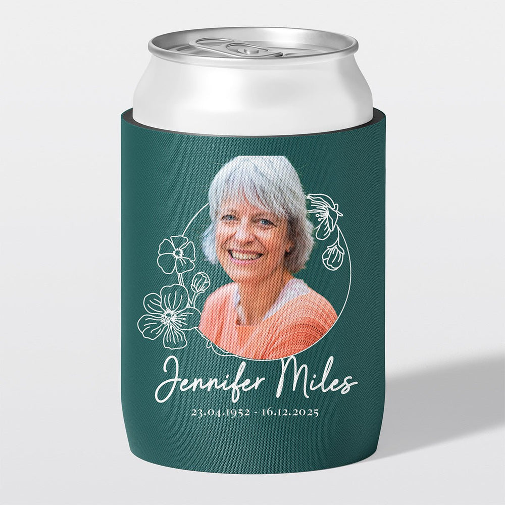 Personalised funeral stubby holder, Floral Frame design, memorial can cooler, The Cheers Co Australia