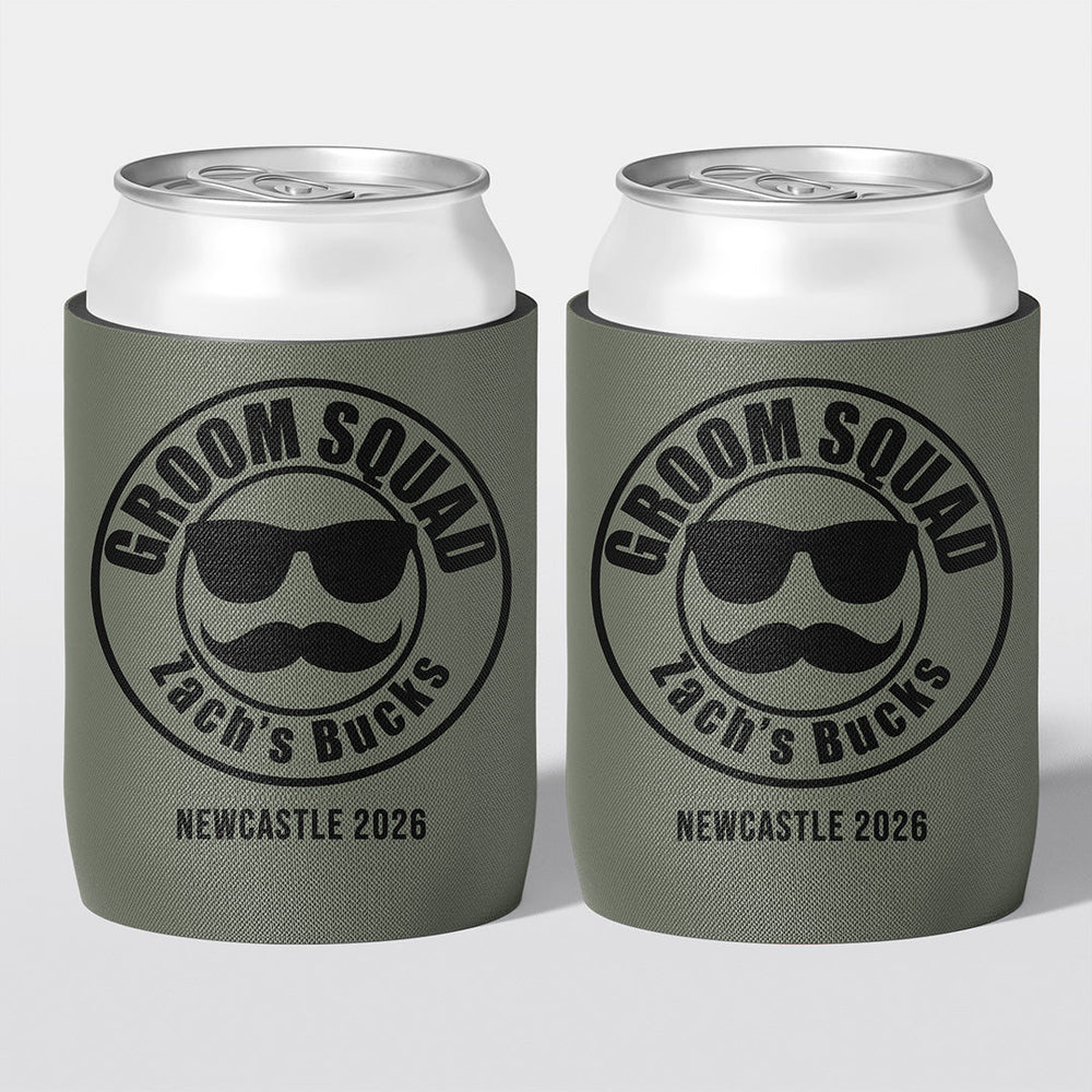 Personalised bucks party and bachelor party stubby holder, Groom Squad design, The Cheers Co Australia