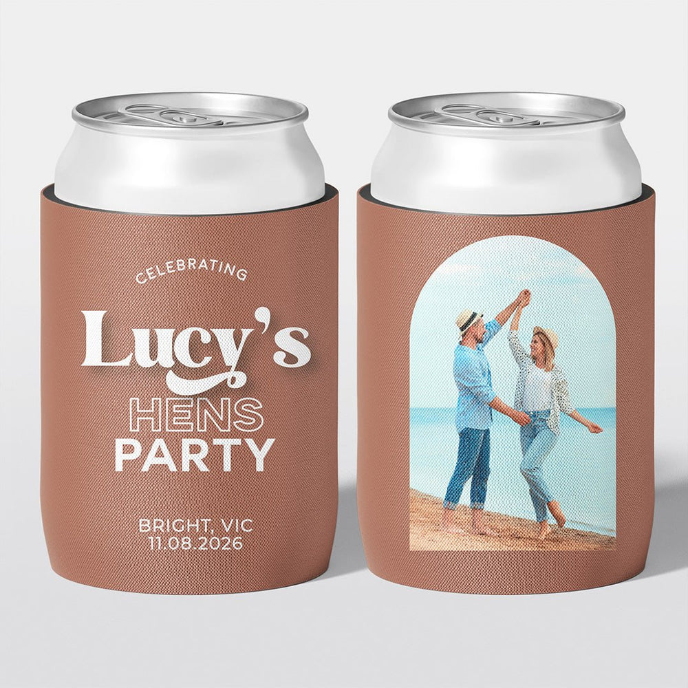 Personalised hens party stubby holder, Main Character design, custom can cooler, The Cheers Co Australia, bachelorette, clay