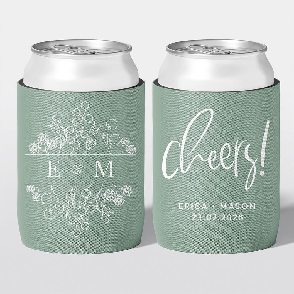 Personalised wedding stubby holder, The Botanical design, multiple colours, The Cheers Co Australia, Garden, Floral, Rustic,
