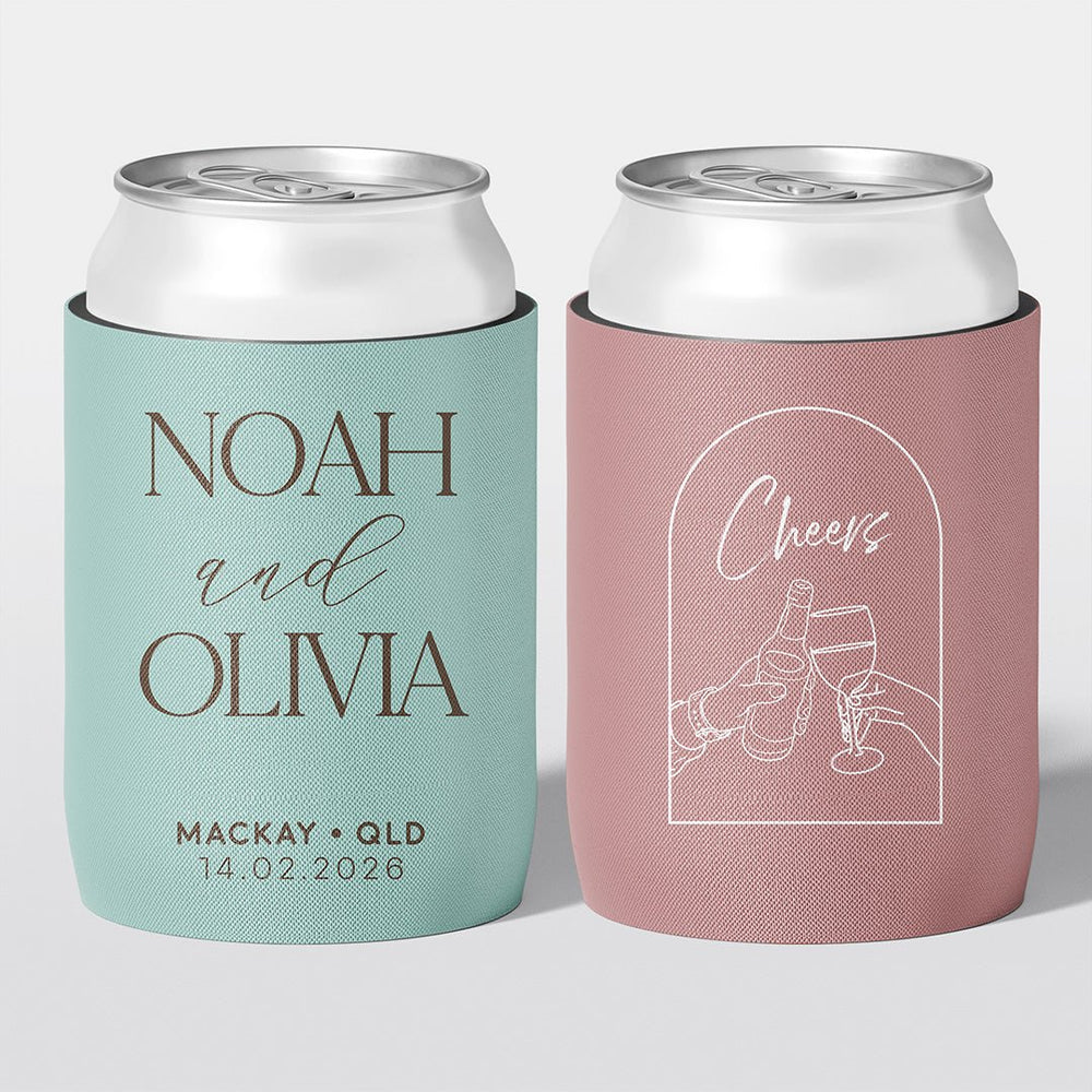 Personalised wedding stubby holder, The Capital design, multiple colours, The Cheers Co Australia, Coastal & Relaxed