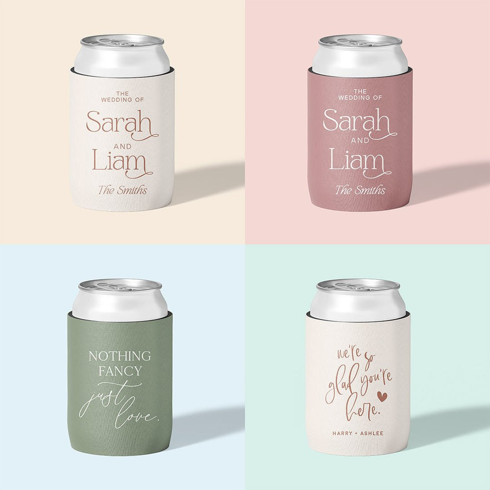 Personalised wedding stubby holder, The Classic design, multiple colours, The Cheers Co Australia