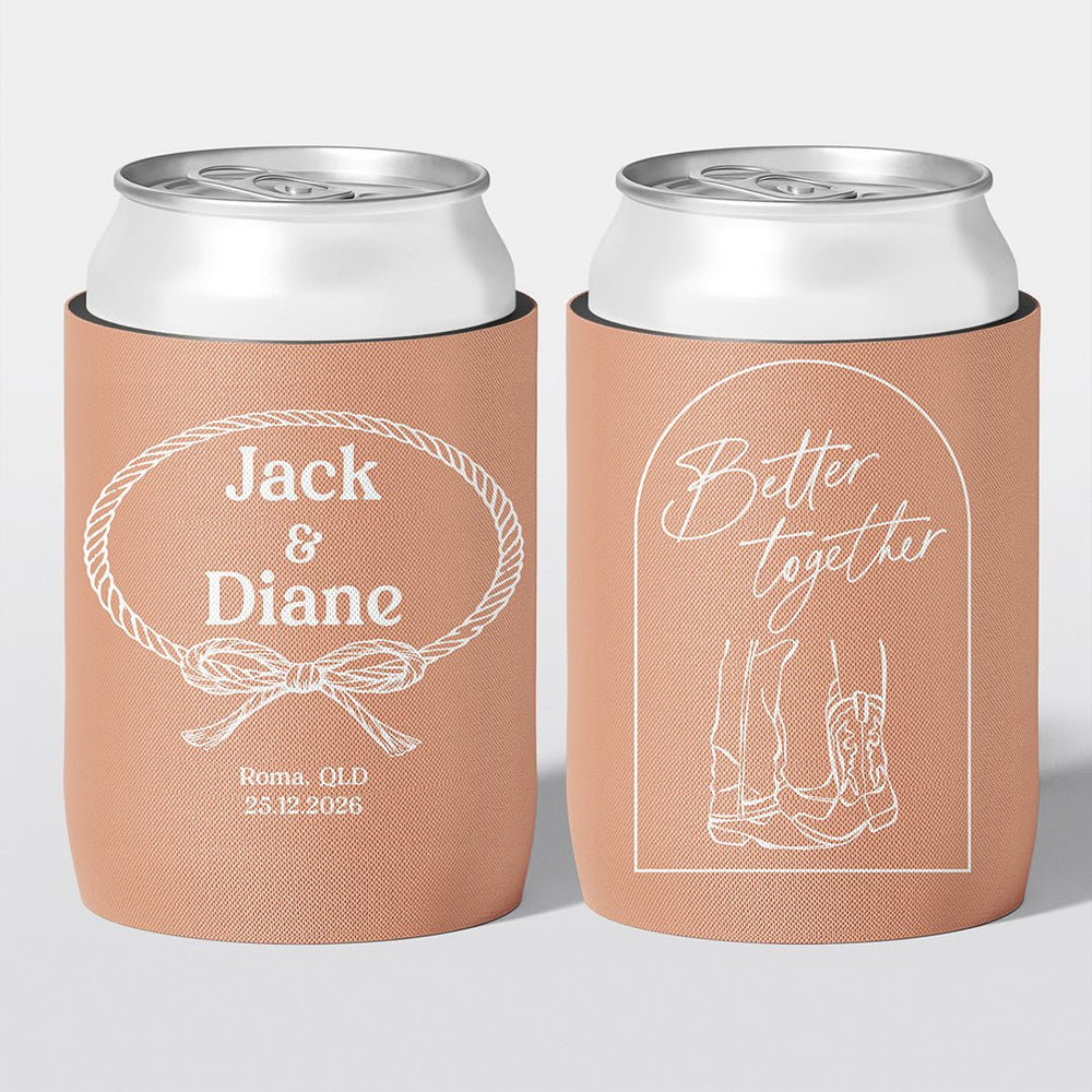 Personalised wedding stubby holder, The Knot design, multiple colours, The Cheers Co Australia, Rustic & Boho, Country