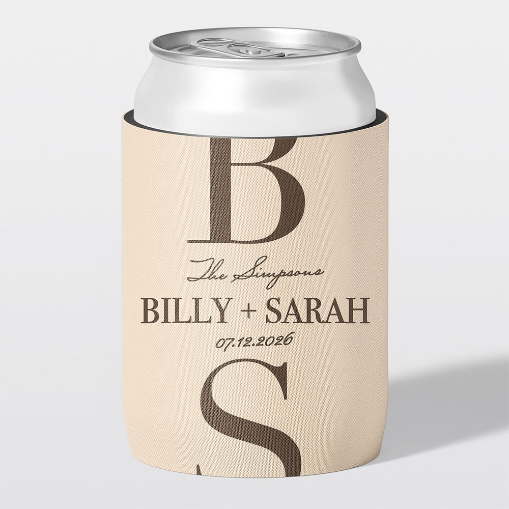 Personalised wedding stubby holder, The Monogram design, The Cheers Co Australia, champagne, chocolate, Modern & Minimal