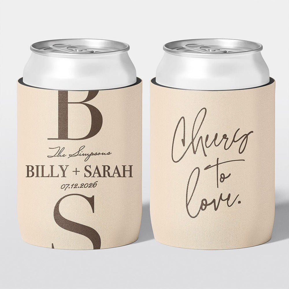 Personalised wedding stubby holder, The Monogram design, multiple colours, The Cheers Co Australia, Modern & Minimal