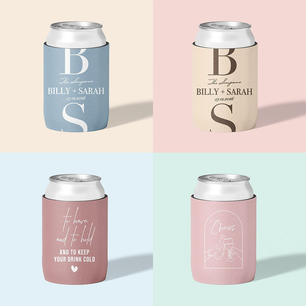 Personalised wedding stubby holder, The Monogram design, multiple colours, The Cheers Co Australia, Modern & Minimal