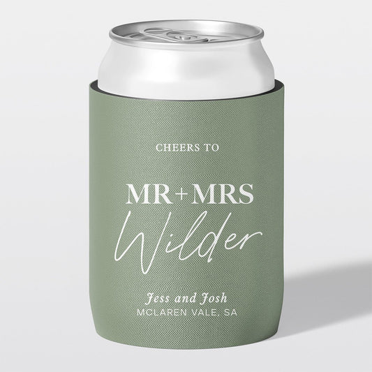 Custom wedding stubby holder, The Mr & Mrs design, sage green, timeless romance, The Cheers Co Australia