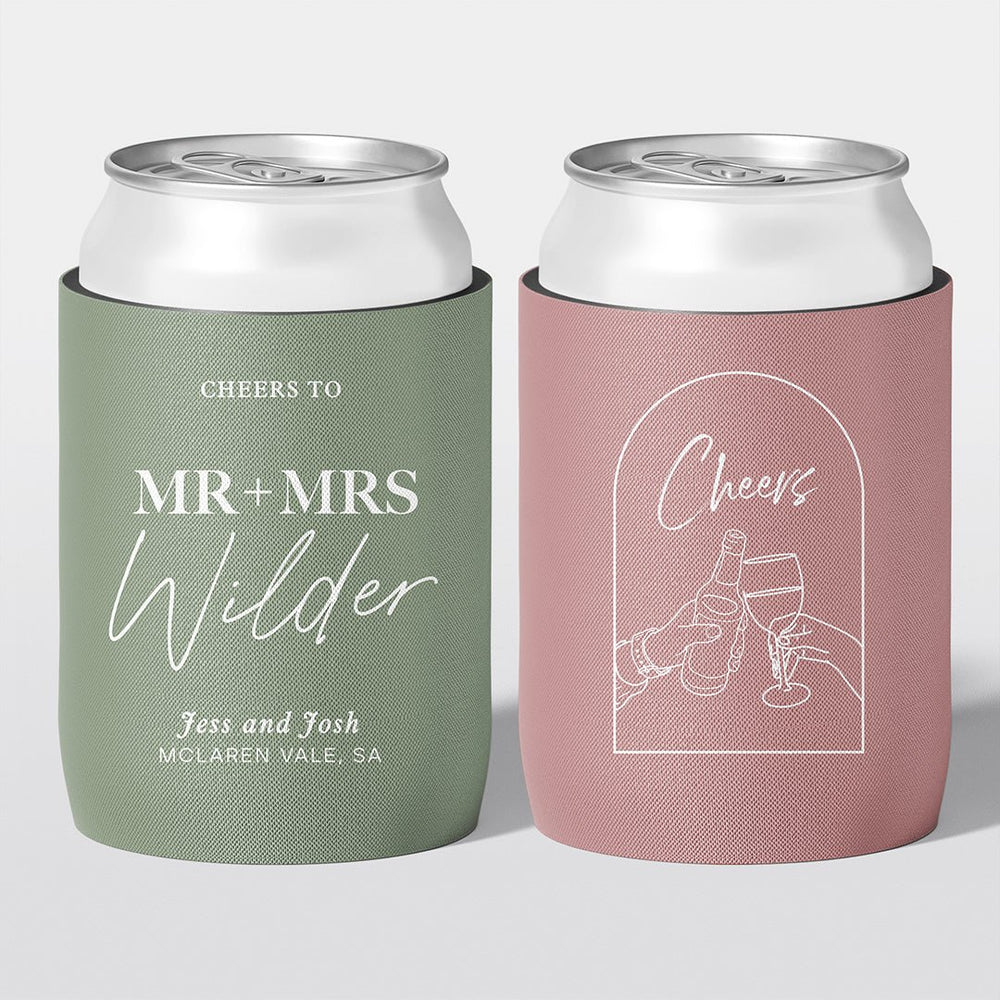 Personalised wedding stubby holder, The Mr & Mrs design, multiple colours, The Cheers Co Australia