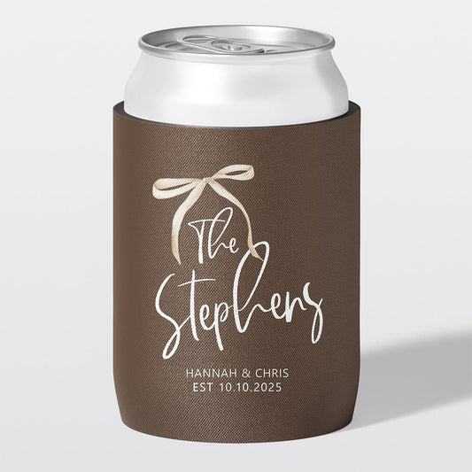 Personalised wedding stubby holder, The Ribbon design, The Cheers Co Australia, chocolate brown, timeless romance