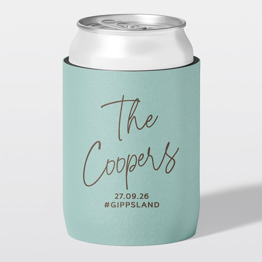 Personalised wedding stubby holder, The Signature design, The Cheers Co Australia, duck egg blue, Rustic & Boho, Coastal