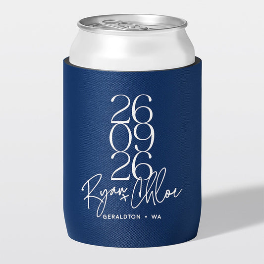Personalised wedding stubby holder, The Stack design, The Cheers Co Australia, Modern, Minimal, Bold, Celebration, Navy