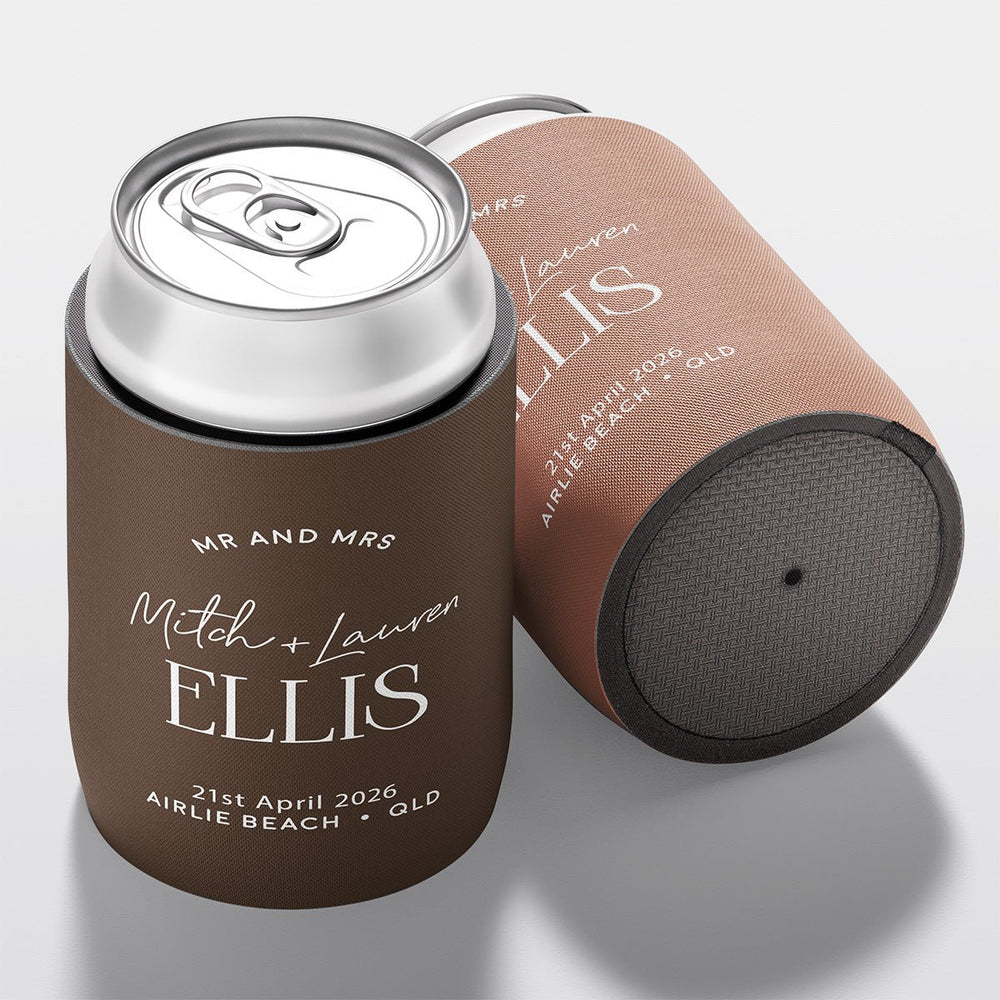 Personalised wedding stubby holder, The Statement design, multiple colours, The Cheers Co Australia,Coastal & Relaxed, Modern
