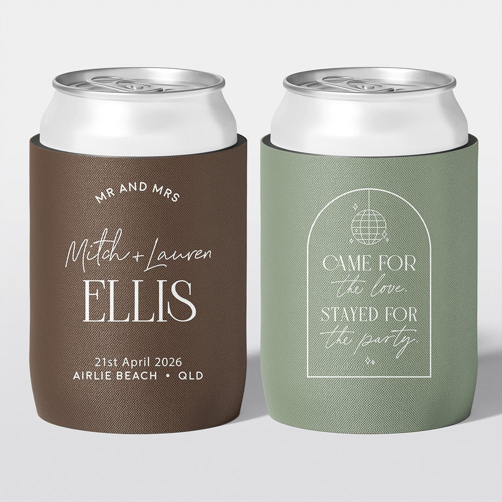 Personalised wedding stubby holder, The Statement design, multiple colours, The Cheers Co Australia,Coastal & Relaxed, Modern