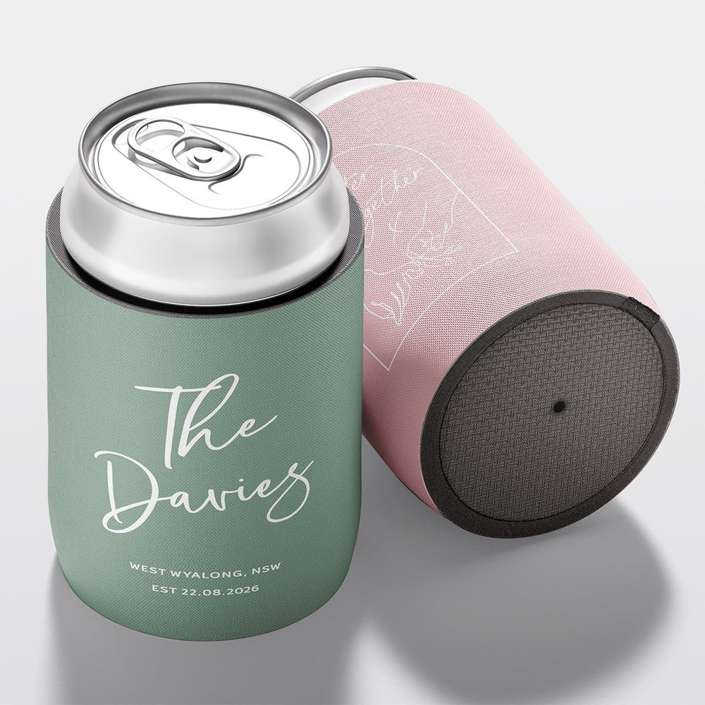 Personalised wedding stubby holder, The Surname design, multiple colours, The Cheers Co Australia, Timeless Romance