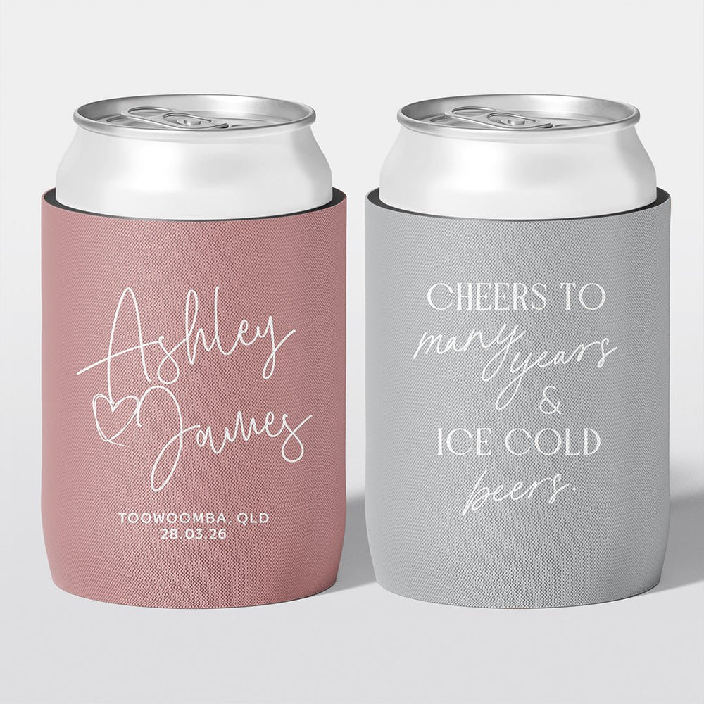 Personalised wedding stubby holder, The Sweetheart design, multiple colours, The Cheers Co Australia, Rustic, Boho, dustyrose