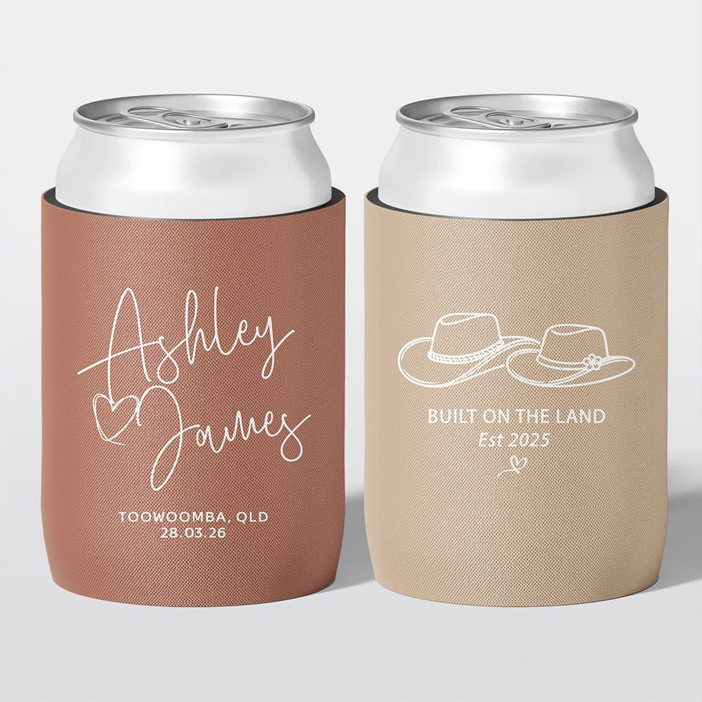 Personalised wedding stubby holder, The Sweetheart design, multiple colours, The Cheers Co Australia, Rustic & Boho,