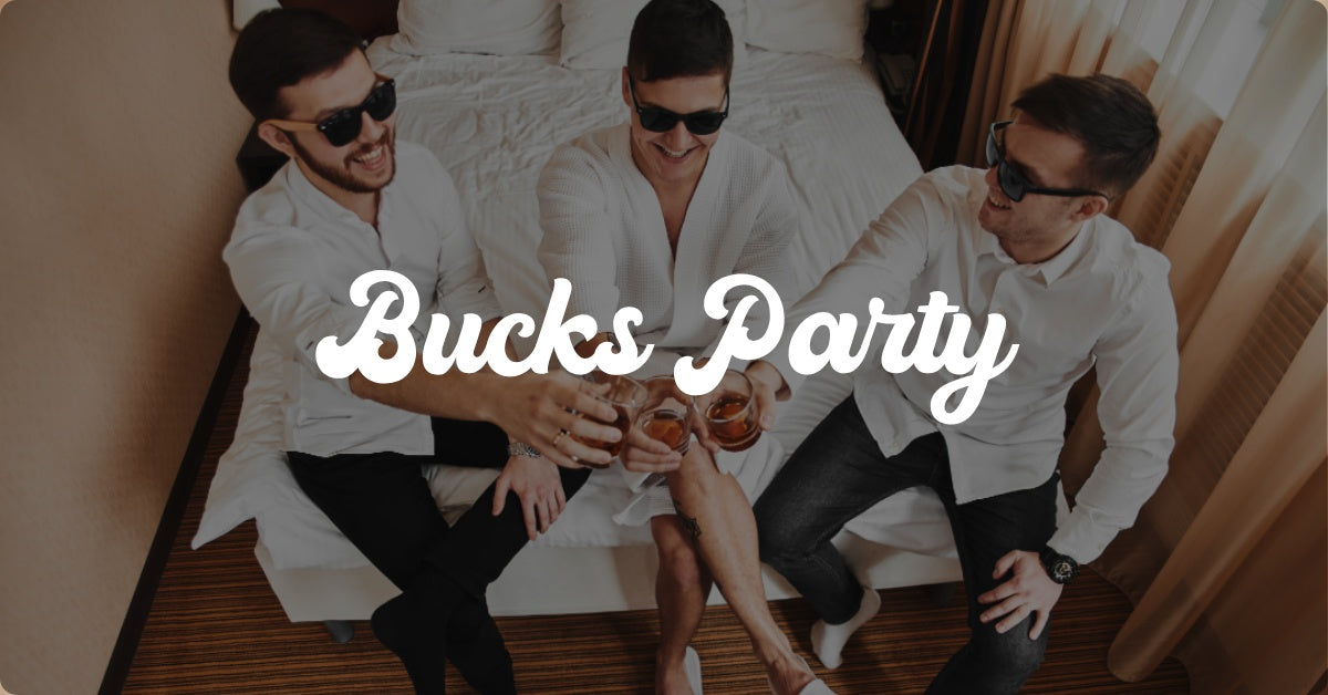 bucks party collection tile, three men in suit shirts with drinks in hand and smililng
