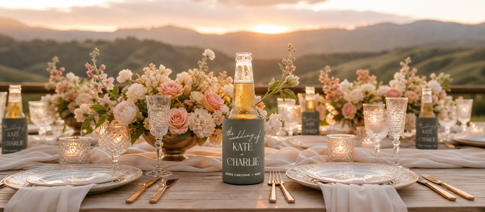 personalised wedding stubby cooler on beautiful wedding table layout