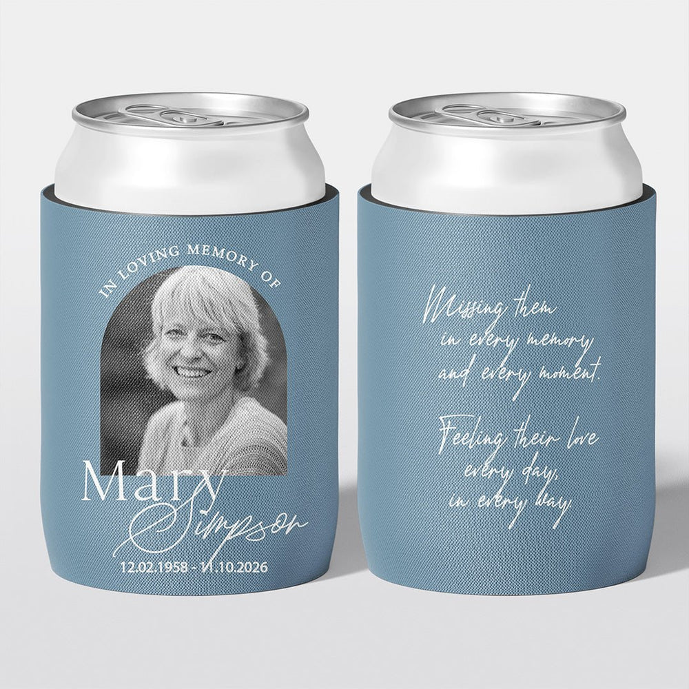 Personalised funeral stubby holder, Arch Frame design, memorial can cooler, The Cheers Co Australia