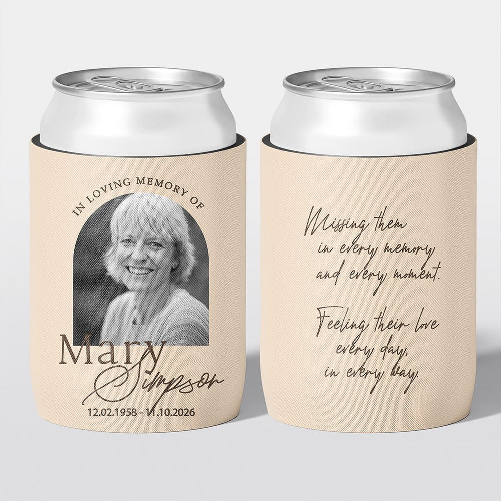 Personalised funeral stubby holder, Arch Frame design, memorial can cooler, The Cheers Co Australia