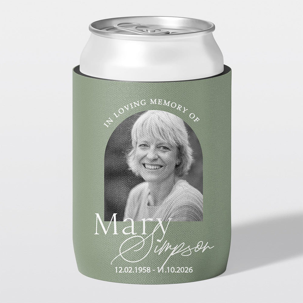 Personalised funeral stubby holder, Arch Frame design, memorial can cooler, The Cheers Co Australia