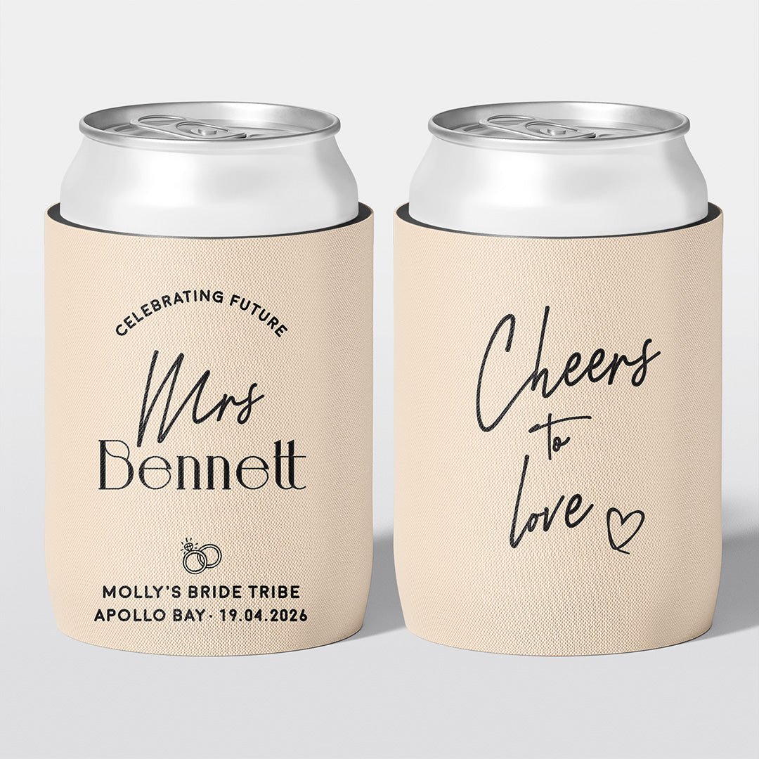 Personalised hens party stubby holder, Champagne Club design, custom can cooler, The Cheers Co Australia, champagne