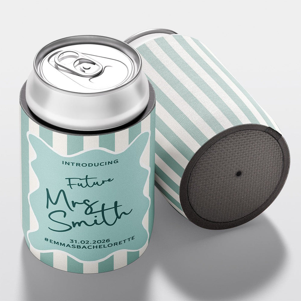 Personalised hens party stubby holder, Classic Stripe design, custom can cooler, The Cheers Co Australia, bachelorette