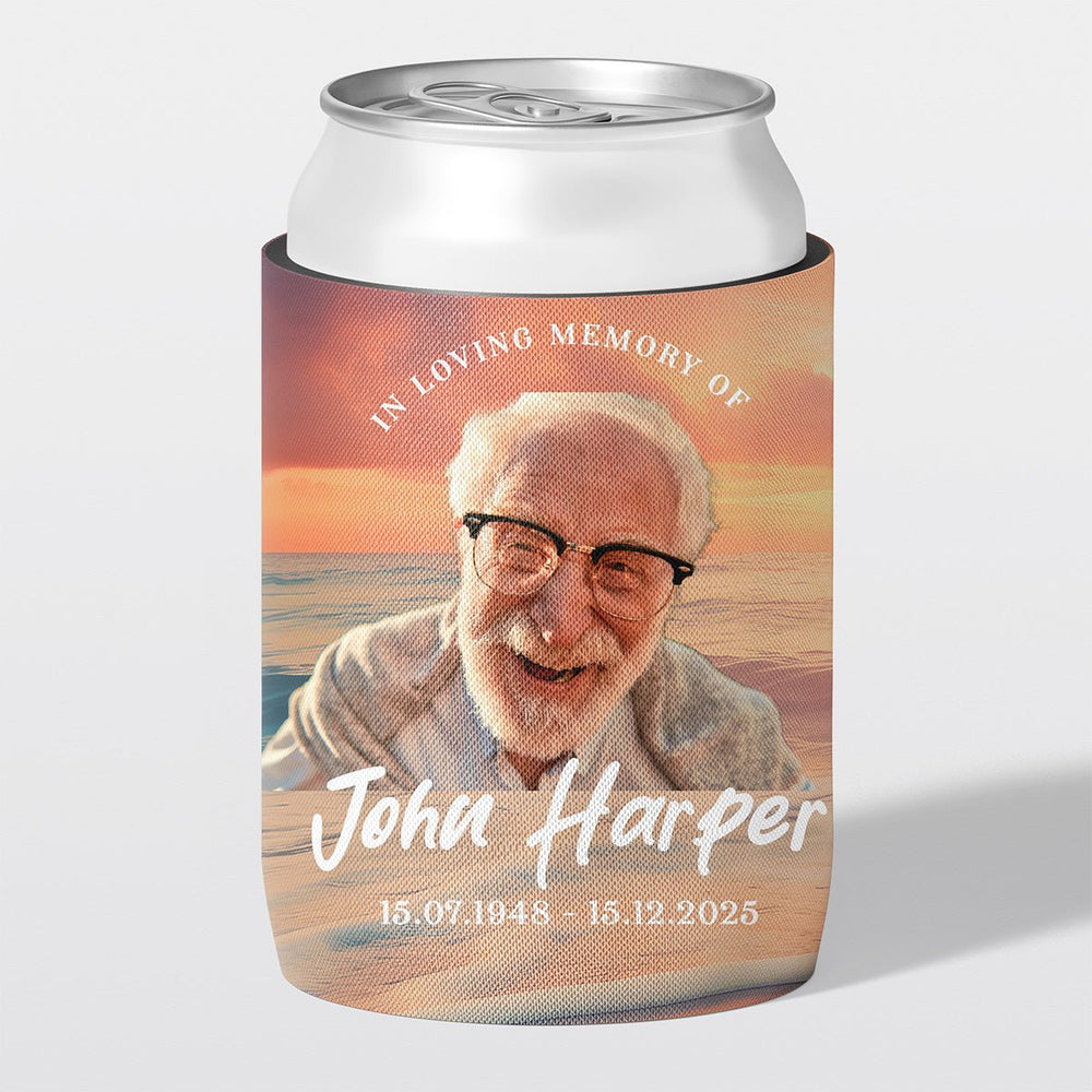 Personalised funeral stubby holder, Clear Frame design, memorial can cooler, The Cheers Co Australia