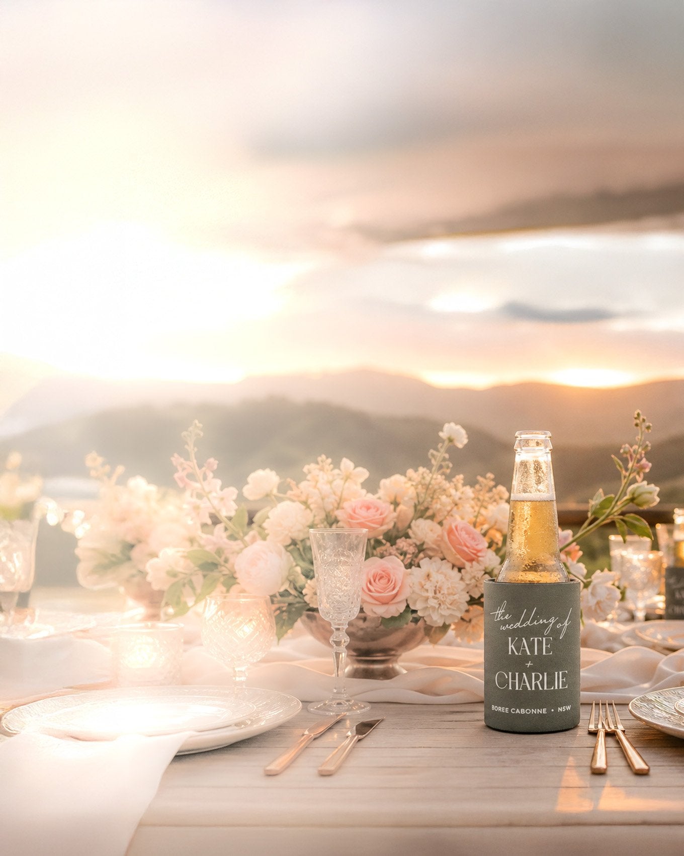 moss green wedding stubby holder displayed on wedding table layout in out door setting at golden hour