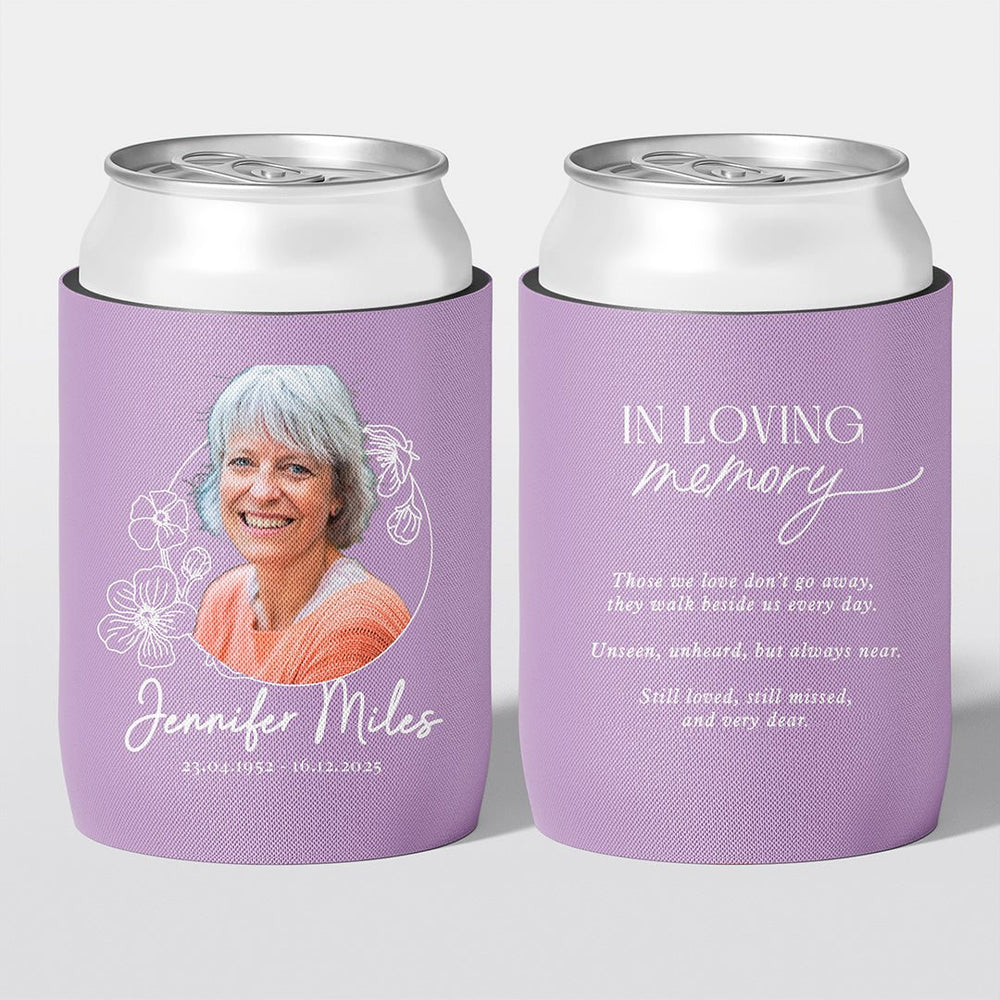 Personalised funeral stubby holder, Floral Frame design, memorial can cooler, The Cheers Co Australia