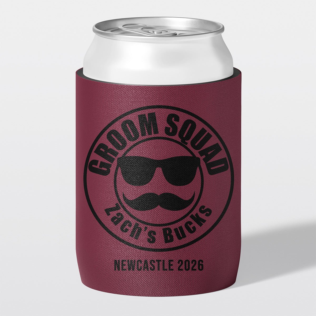 Personalised bucks party and bachelor party stubby holder, Groom Squad design, The Cheers Co Australia