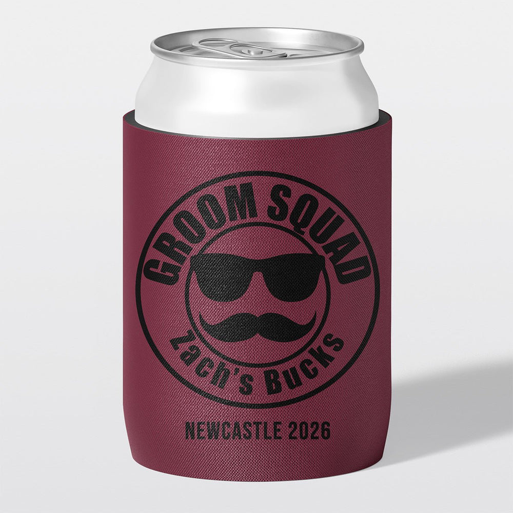 Personalised bucks party and bachelor party stubby holder, Groom Squad design, The Cheers Co Australia