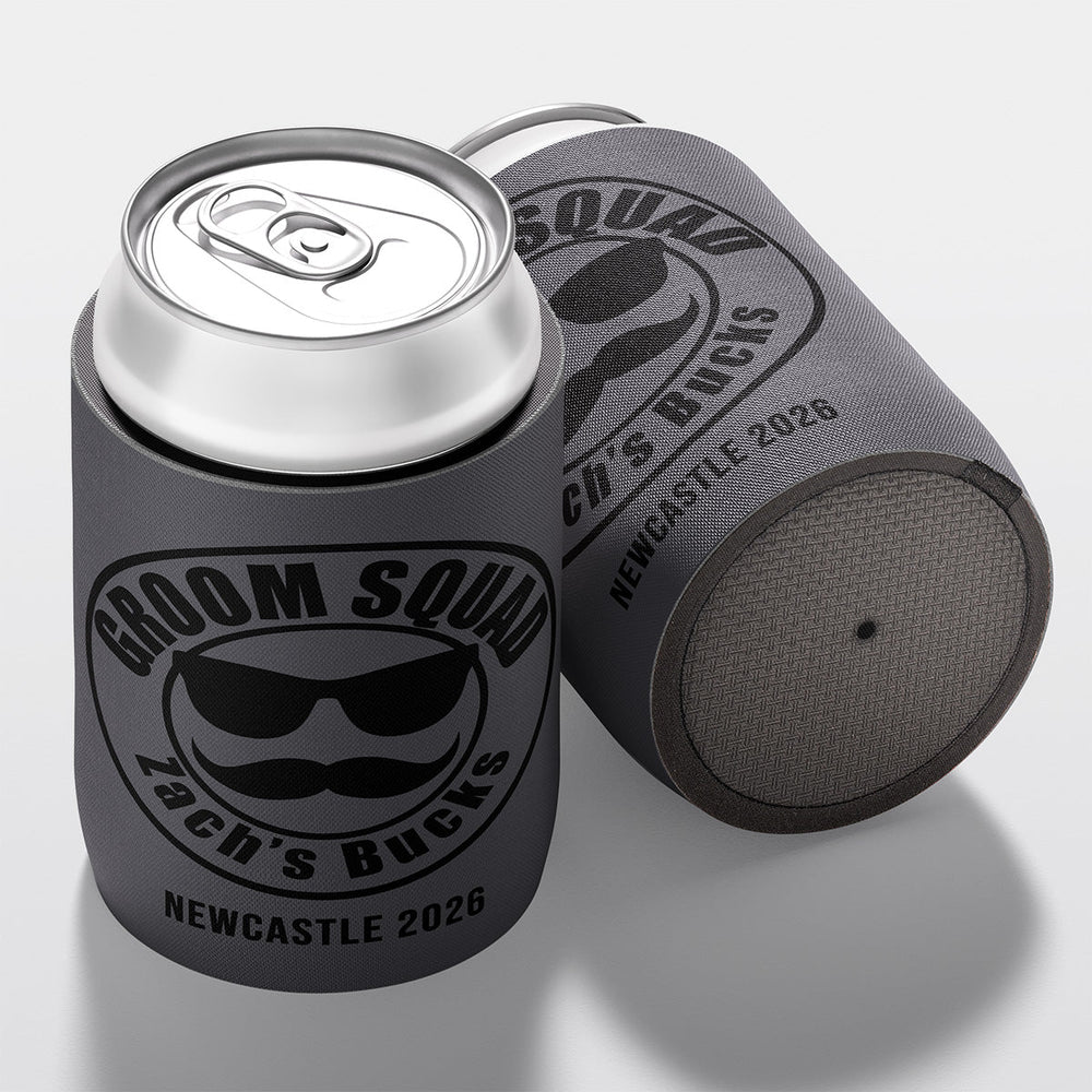 Personalised bucks party and bachelor party stubby holder, Groom Squad design, The Cheers Co Australia