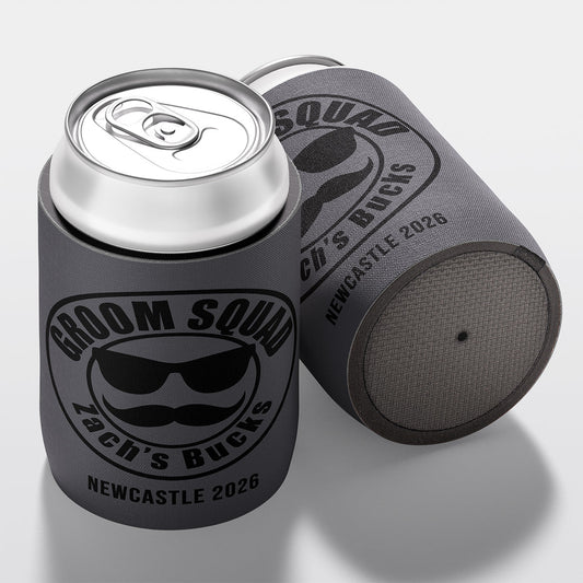 Personalised bucks party and bachelor party stubby holder, Groom Squad design, The Cheers Co Australia