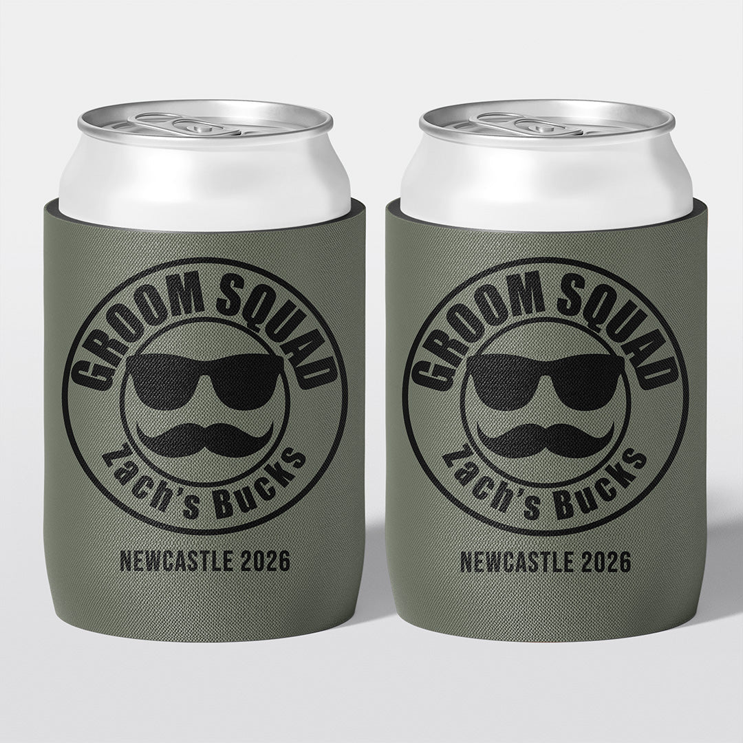 Personalised bucks party and bachelor party stubby holder, Groom Squad design, The Cheers Co Australia
