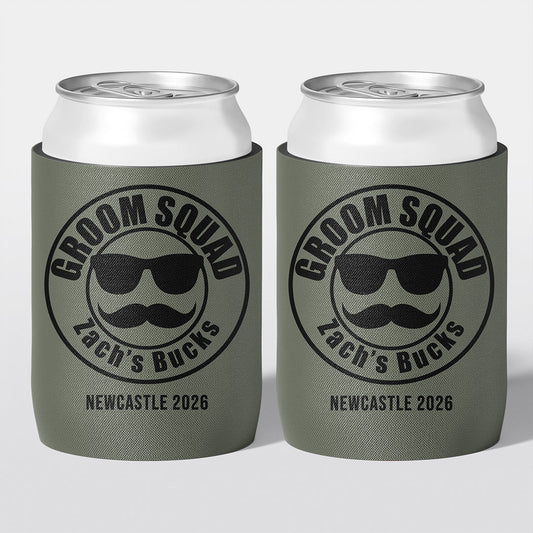 Personalised bucks party and bachelor party stubby holder, Groom Squad design, The Cheers Co Australia