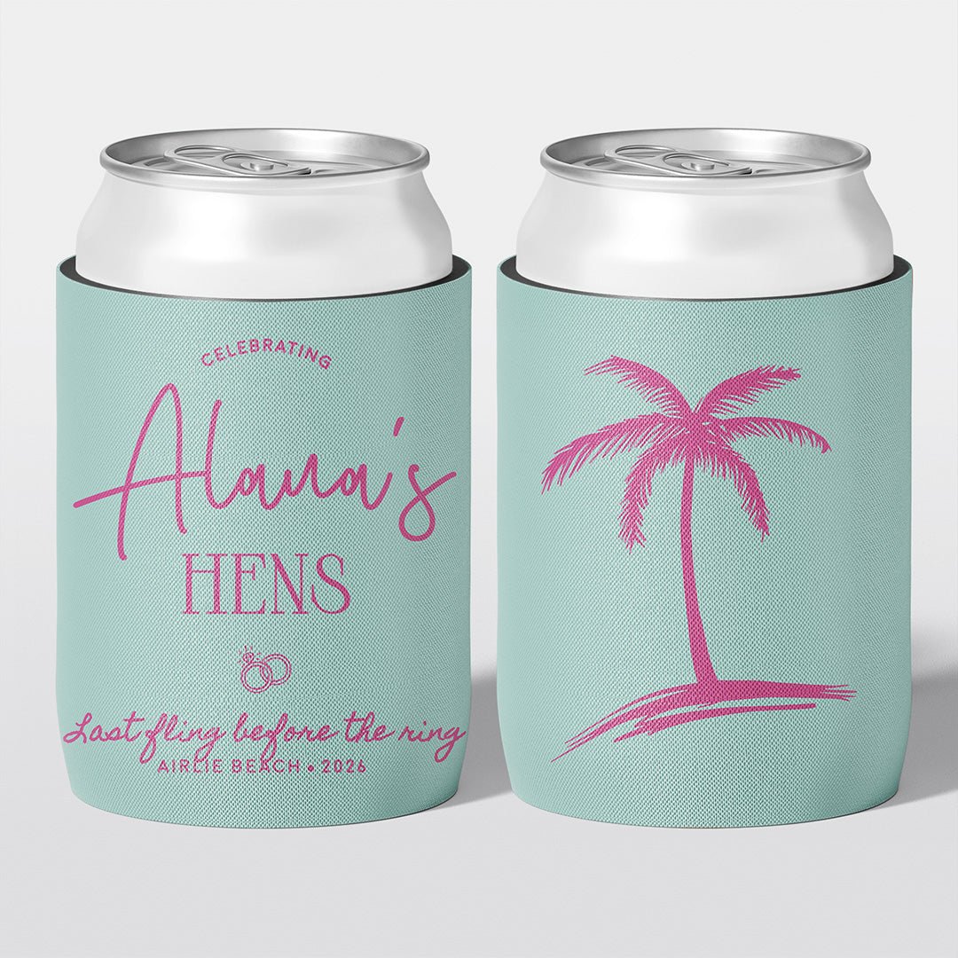 Personalised hens party stubby holder, Last Fling design, custom can cooler, The Cheers Co Australia, bachelorette