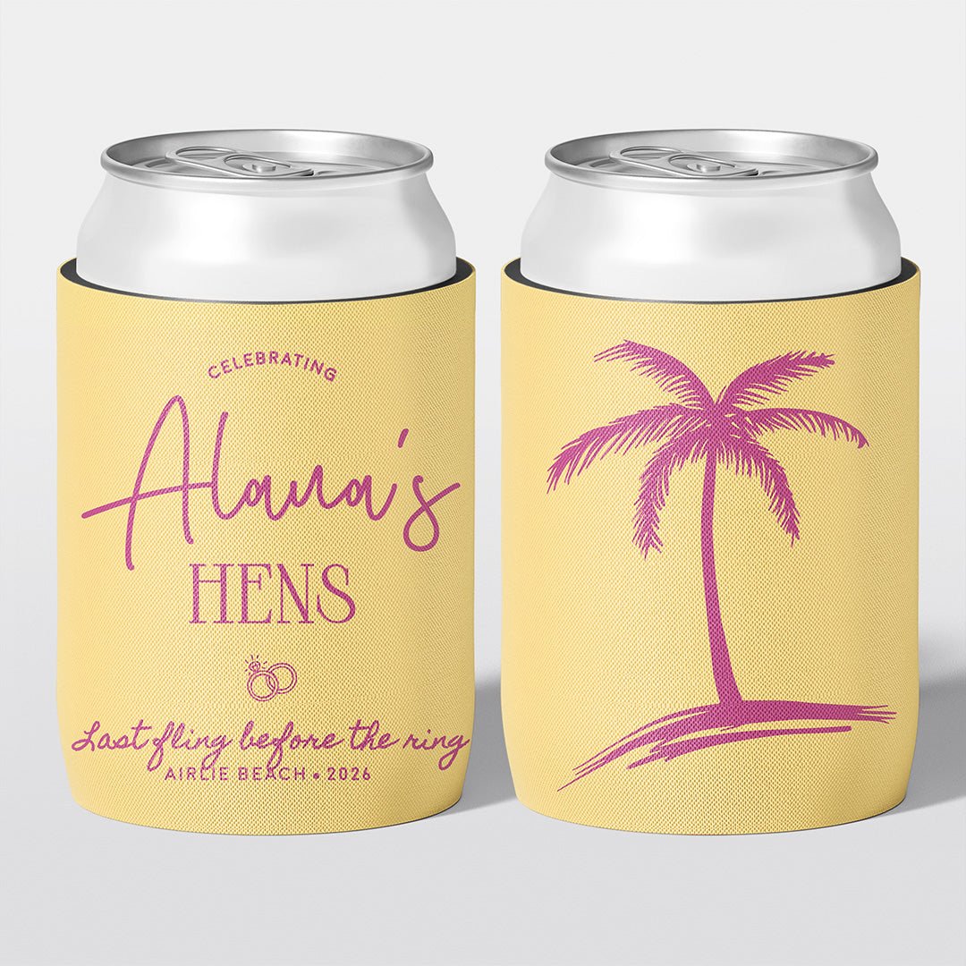 Personalised hens party stubby holder, Last Fling design, custom can cooler, The Cheers Co Australia, bachelorette