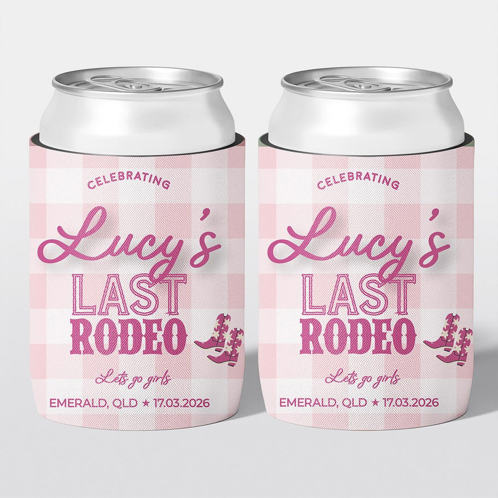 Personalised hens party stubby holder, Last Rodeo design, custom can cooler, The Cheers Co Australia, bachelorette
