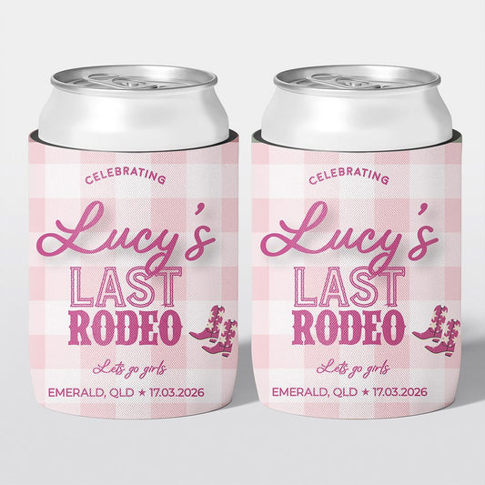 Personalised hens party stubby holder, Last Rodeo design, custom can cooler, The Cheers Co Australia, bachelorette
