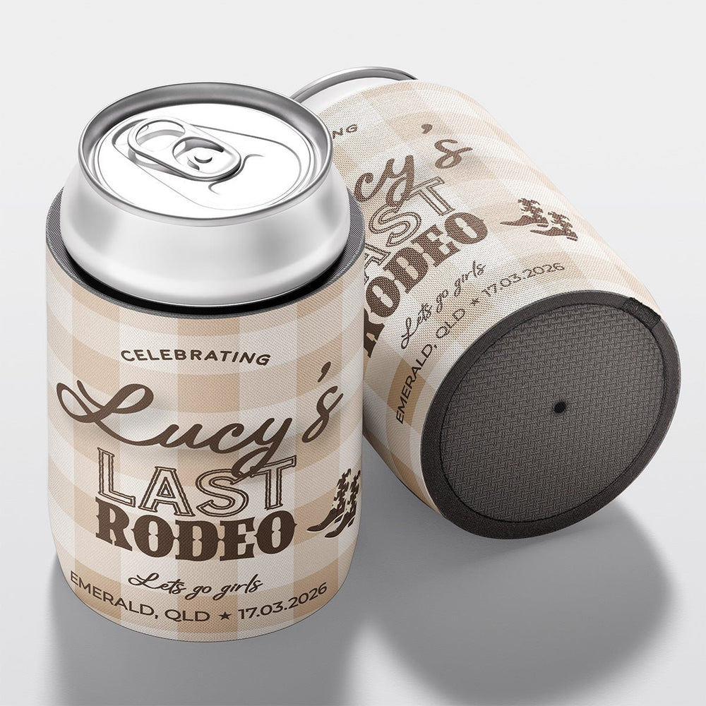 Personalised hens party stubby holder, Last Rodeo design, custom can cooler, The Cheers Co Australia, bachelorette