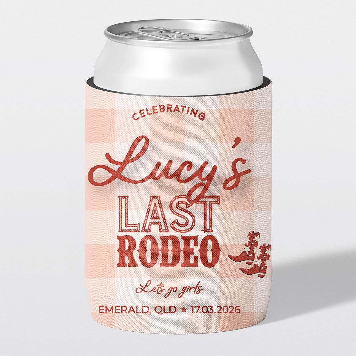 Personalised hens party stubby holder, Last Rodeo design, custom can cooler, The Cheers Co Australia, bachelorette