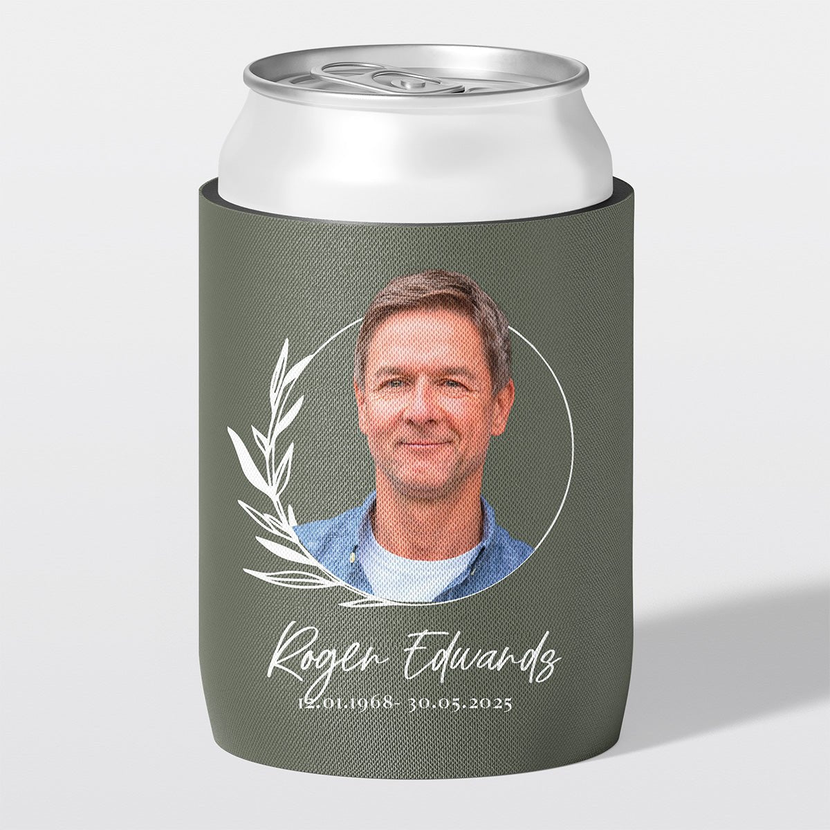 Personalised funeral stubby holder, Laurel Frame design, memorial can cooler, The Cheers Co Australia