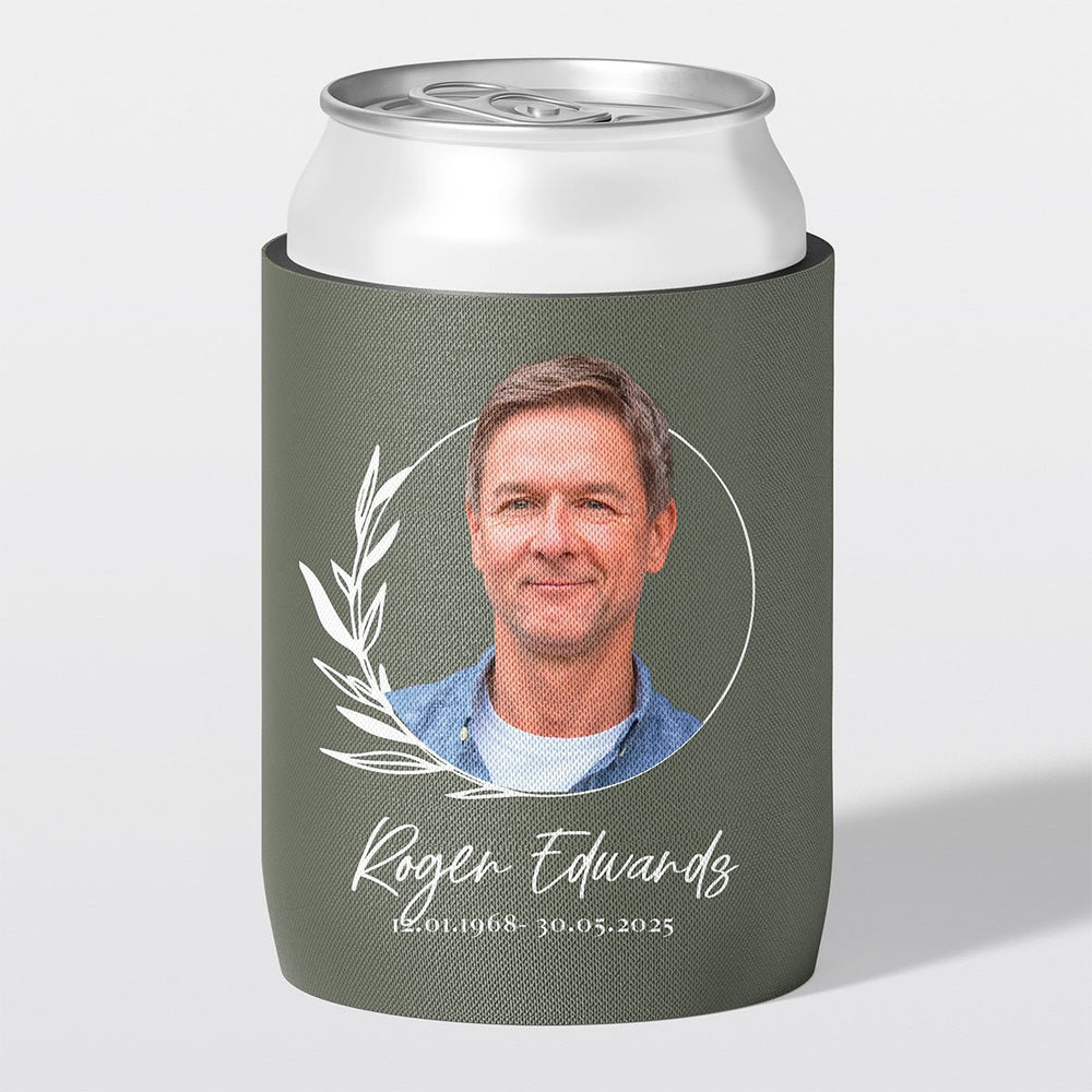 Personalised funeral stubby holder, Laurel Frame design, memorial can cooler, The Cheers Co Australia